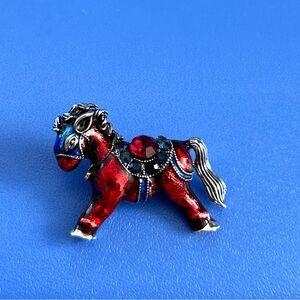 Red Horse Brooch with Silver Accents